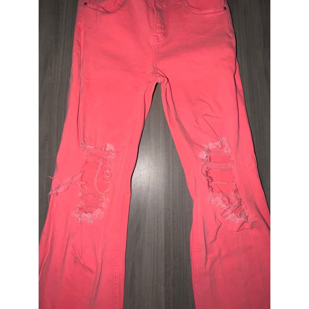 Risen Jeans Neon Pink Distressed Flare High Rise Denim RDP5265-N Size 7/28 A1 - Picture 11 of 12